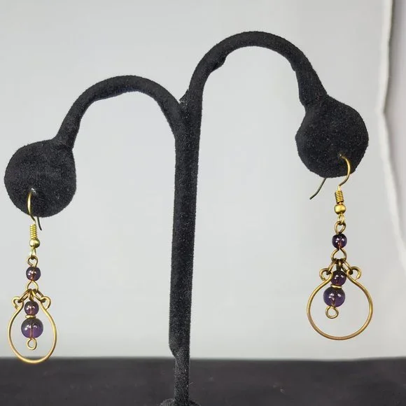 Elegant Gold and Purple Dangle Earrings - Picture 1 of 2
